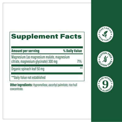 MegaFood Magnesium 300 mg - Highly absorbable blend of Magnesium Glycinate, Magnesium Citrate &amp; Magnesium Malate to Help Support Heart, Nerve Health and Relaxation - 60 Capsules (30 Servings)