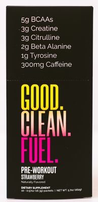 Good Clean Fuel Pre-Workout | Caffeine | BCAAs | Beta Alanine | Creatine | Tyrosine | Citrulline | No Sugar or Artificial Sweeteners | Strawberry Flavor | 10 Stick Packs