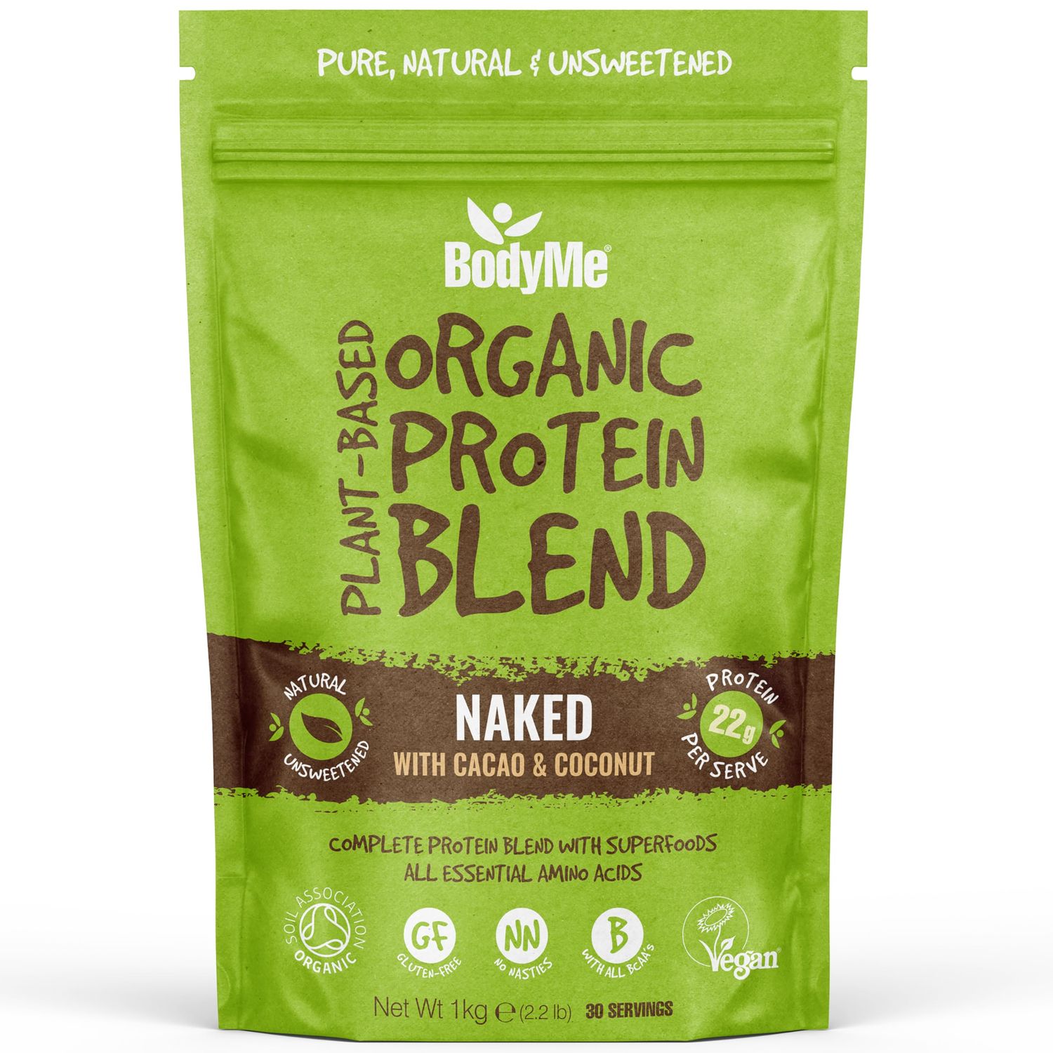 BodyMe Organic Vegan Protein Powder Blend | Raw Cacao | 2.2lb 1kg | UNSWEETENED with 3 Plant Proteins