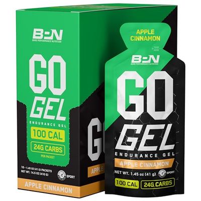 BARE PERFORMANCE NUTRITION, BPN Go Gel Endurance Gel, Vegan + Gluten Free Running Gel with 24g of Carbohydrates &amp; 100 Calories per Gel Pack, 10 Single-Serving Gel Packs, Apple Cinnamon