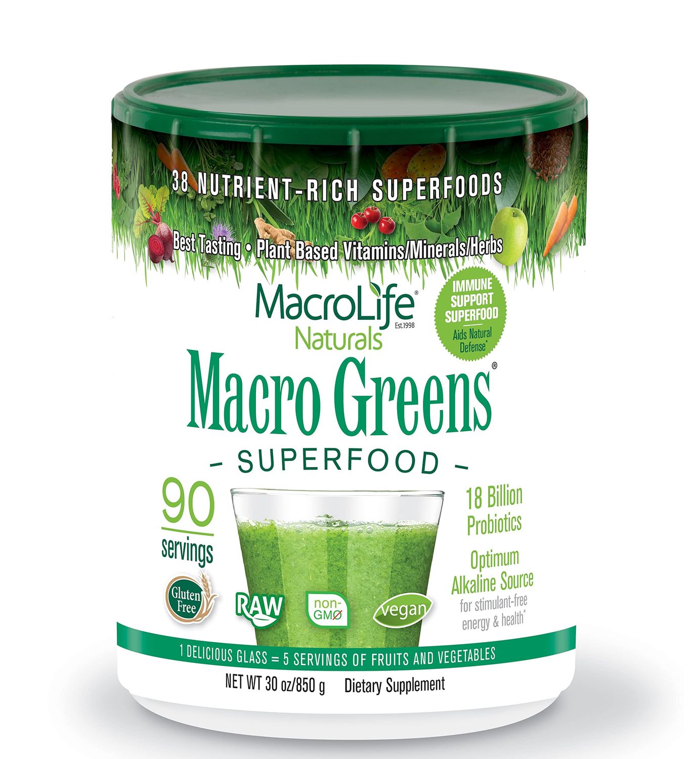 MacroLife Naturals Macro Greens Powder 38 Superfood Probiotic Antioxidant Enzyme &amp; Herbal Supplement Immunity Energy Cleanse - Non-GMO Vegan Gluten-Free Dairy-Free - 30oz (90 Servings)