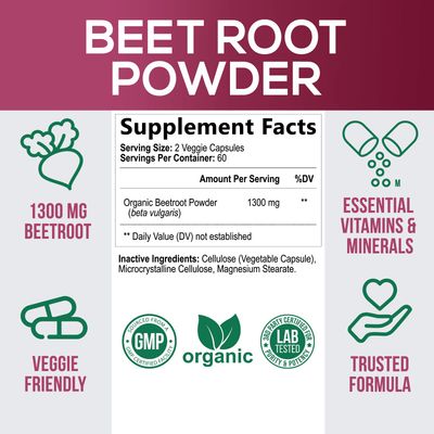Beet Root Supplement - 1300mg Extra Strength Beetroot Powder Extract Supports Nitric Oxide Production &amp; Natural Energy - Vegan Herbal Pills Support Heart Health, Non-GMO, Gluten Free - 120 Capsules