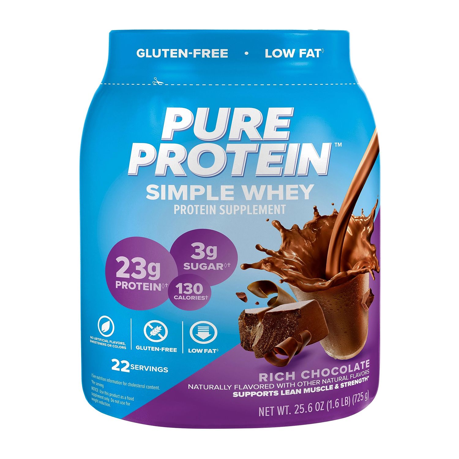 Pure Protein Simple Whey Protein Powder, Gluten Free, 23G Protein, Rich Chocolate, 1.6lbs