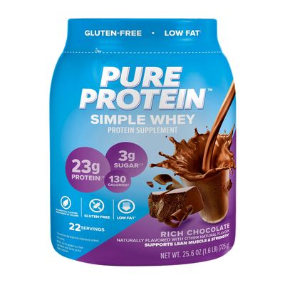 Pure Protein Simple Whey Protein Powder, Gluten Free, 23G Protein, Rich Chocolate, 1.6lbs