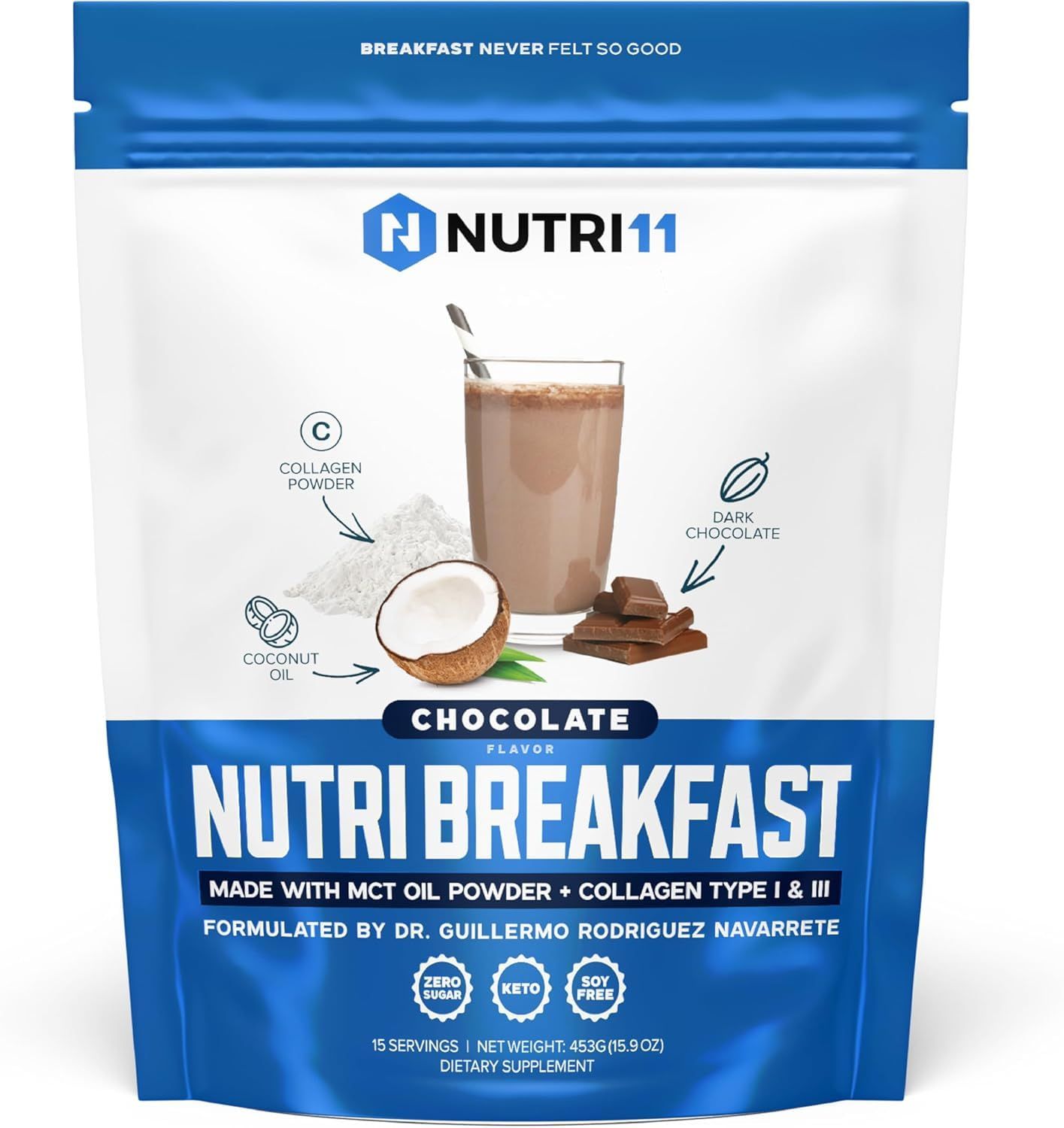 NutriBreakfast by Nutrillermo/Keto Protein Chocolate Collagen Powder with MCT Oil/MCT Oil Powder with Collagen/Keto Collagen Peptides Powder with Grass-Fed Bovine Collagen Type I &amp; III-15 Servings