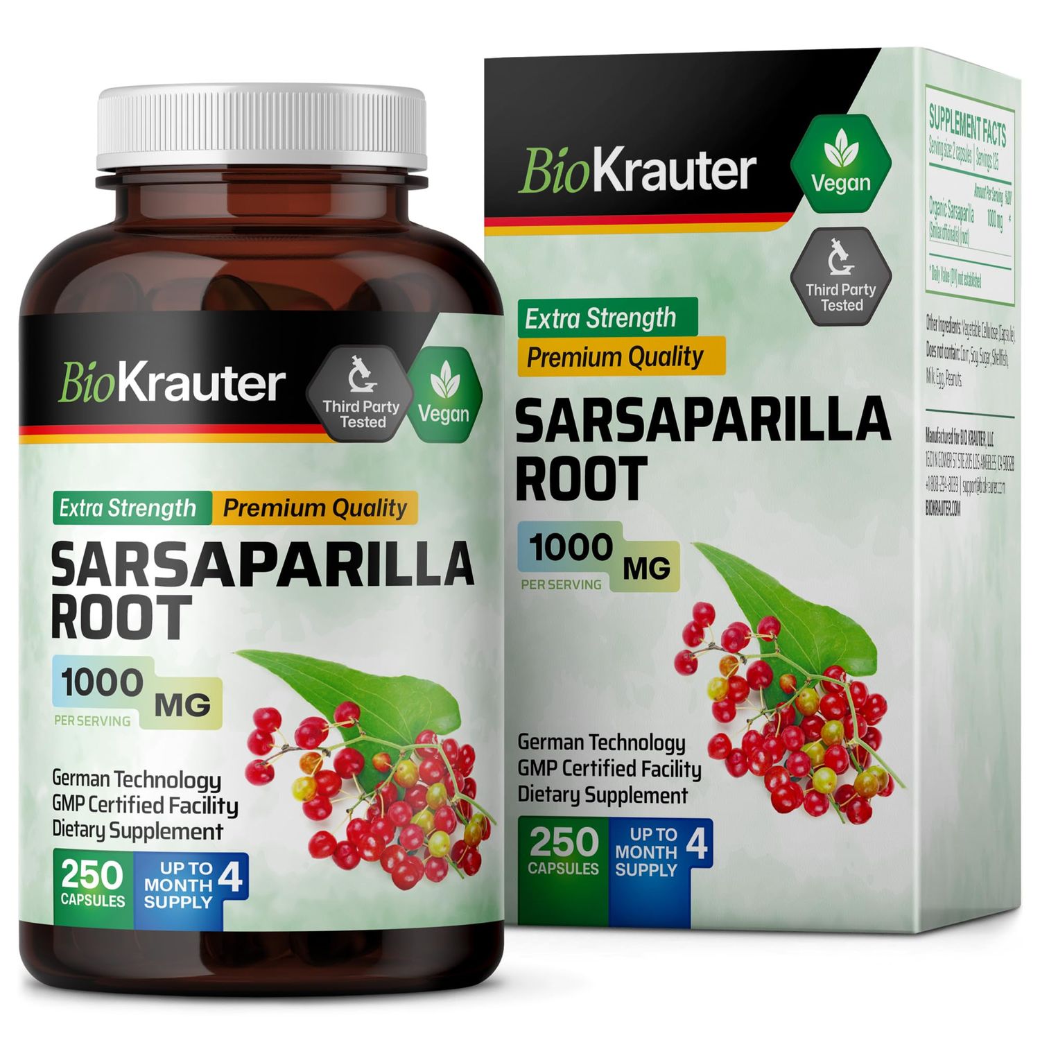 BIO KRAUTER Sarsaparilla Root Capsules - 1000 mg Pure Sarsaparilla Extract Capsules - 250 Vegan Sarsaparilla Root Powder Caps - Sarsaparilla Herb Supplement