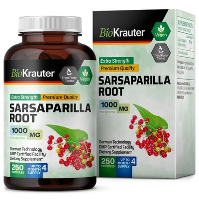 BIO KRAUTER Sarsaparilla Root Capsules - 1000 mg Pure Sarsaparilla Extract Capsules - 250 Vegan Sarsaparilla Root Powder Caps - Sarsaparilla Herb Supplement