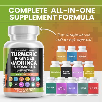 Turmeric Moringa 50000mg Supplement | Ginger Boswellia 3000mg Saffron 2000mg - Joint Support Supplement for Women and Men with Ceylon Cinnamon, Tart Cherry, Quercetin Garlic Nettle Holy Basil - 120 Ct
