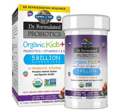 Garden of Life Dr. Formulated Probiotics Organic Kids+ Plus Vitamin C &amp; D - Berry Cherry - Gluten, Dairy &amp; Soy Free Immune &amp; Digestive Health Supplement, No Added Sugar, 30 Chewables (Shelf Stable)