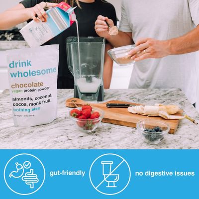 drink wholesome Vegan Chocolate Almond Protein Powder | for Sensitive Stomachs | Gut Friendly | No Artificial Sweeteners | No Stevia | Low Sodium | Safe for Kids &amp; Seniors