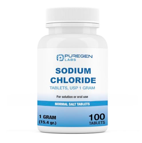 Puregen Labs Sodium Chloride Tablets 1 gm (1000 mg), USP | (15.4gr.) | 100 Count | Normal Salt Tablets | Made in USA | Electrolytes Replenisher Hydration Drink