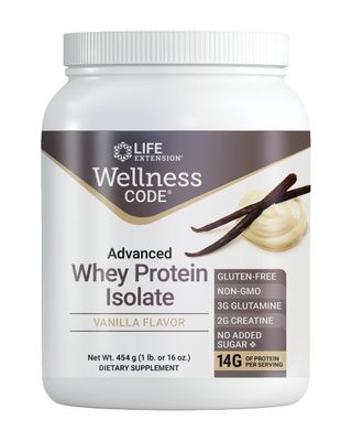 Life Extension Wellness Code Advanced Whey Protein Isolate (Vanilla), creatine, glutamine, Mix for Muscle Growth &amp; Immune Health, no Sugar Added, Gluten Free, Non-GMO, 454 Grams, 20 Servings