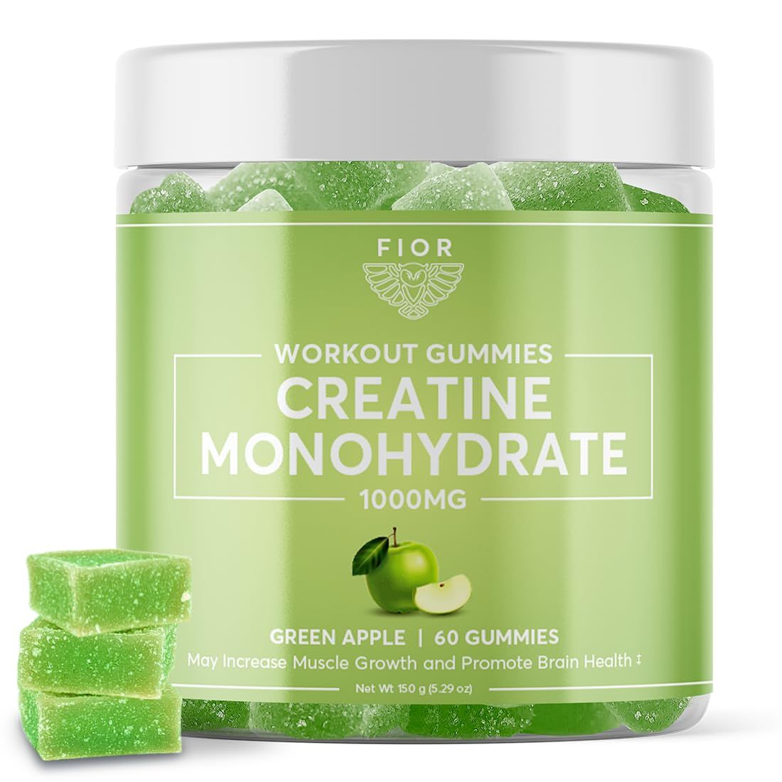 FIOR Creatine Gummy - Best Creatine Monohydrate Chewable, 60 Count, Workout &amp; Protein Supplement, Cognitive Enhancement, Green Apple Flavor, 30 Servings