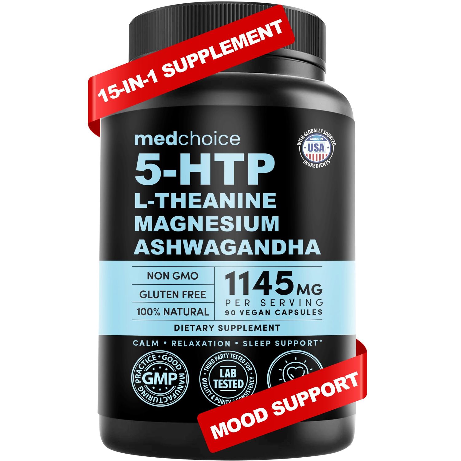 15-in-1 5HTP Mood Support Supplement - 5HTP 200mg Capsules with L-Theanine, Magnesium, Ashwagandha, GABA Supplements with L-Tryptophan, Anxiety Supplements, St. John&#39;s Wort - 1145mg - 90 Count