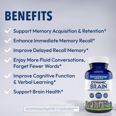 Stonehenge Health Dynamic Brain Supplement - New Formula with BacoMind for Memory Acquisition, Retention, & Recall with 40 Unique Nootropic: Choline, Phosphatidylserine, and Huperzine A