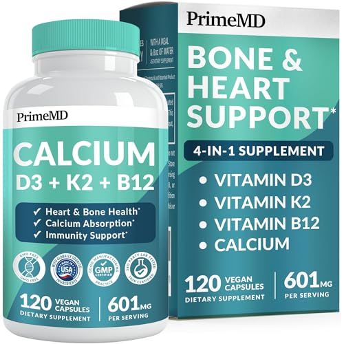 PrimeMD 4-in-1 Calcium Supplements for Women &amp; Men - Calcium 600mg with Vitamin D3 K2 B12 5000 IU Supplement for Heart, Bone &amp; Body Defenses - Gluten-Free, Non-GMO, Vegan Friendly (120 Count)