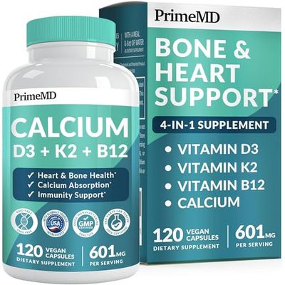 PrimeMD 4-in-1 Calcium Supplements for Women &amp; Men - Calcium 600mg with Vitamin D3 K2 B12 5000 IU Supplement for Heart, Bone &amp; Body Defenses - Gluten-Free, Non-GMO, Vegan Friendly (120 Count)