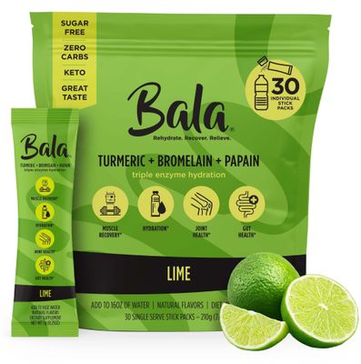 BALA Hydration Turmeric Drink Mix Packet | Sugar-Free Electrolyte Powder Packet, Muscle Recovery, Immune Support, Joint Relief | Plant-Based Enzymes - Lime 4.31 Ounce (Pack of 30)