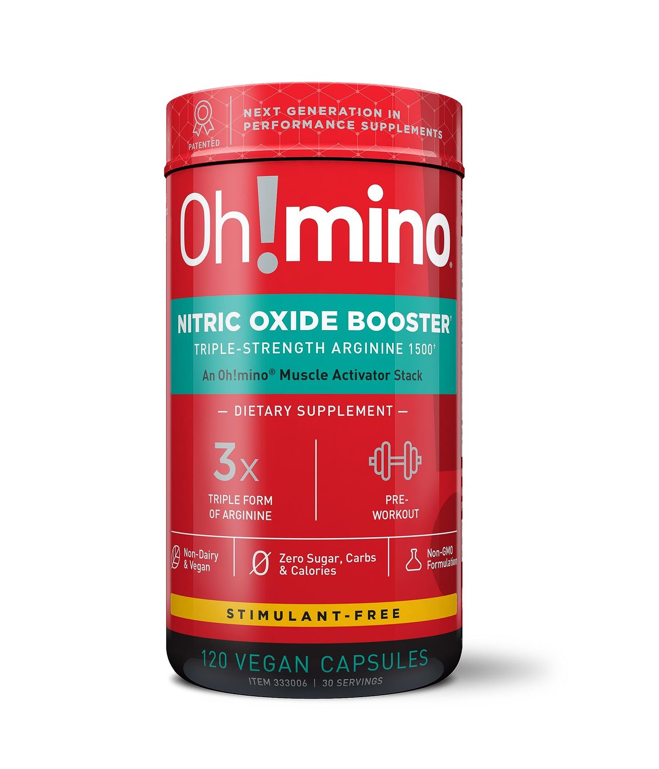 Oh!mino Nitric Oxide Supplement Activator Booster, Triple Strength L-Arginine for Energy, Endurance, Muscle Growth Builder, Pre Post Workout Pills - Natural Beet Root Powder, 30 Servings 120 Capsules