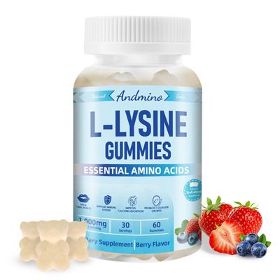 andmino L-Lysine Gummies 1000 mg, with Trehalose, L Lysine Gummies for Lips &amp; Oral Health, Boost Immune &amp; Collagen &amp; Calcium, for Adults &amp; Kids, Non-GMO, Vegan, Gluten Free, Berry Flavor, 60