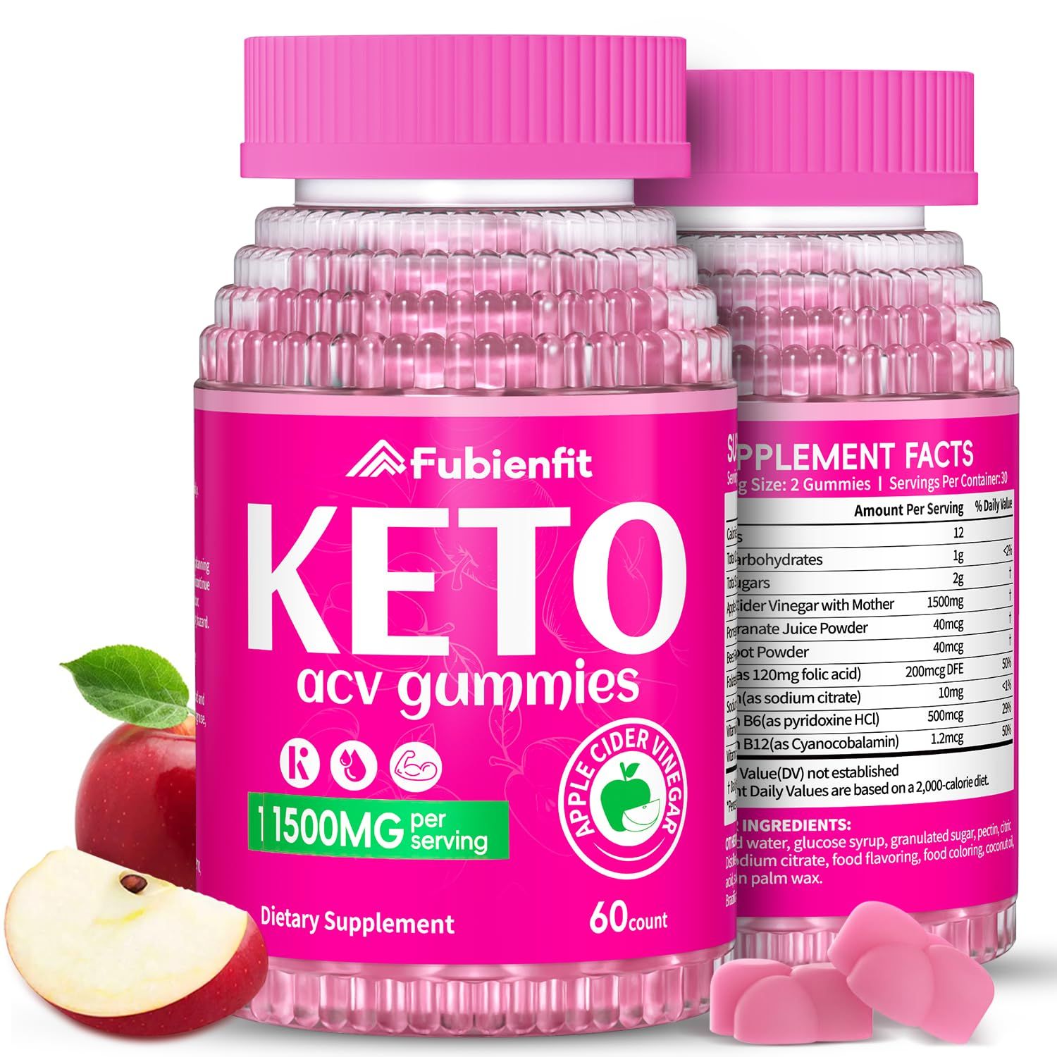 (2 Pack) Keto ACV Gummies Advanced Formula 1500MG Keto Gummies Apple Cider Vinegar Formulated with Pomegranate Beet Juice Powder B12 Vegan Non GMO 120 Gummys