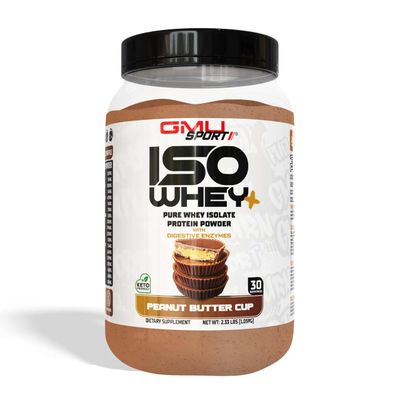 GMU SPORT - Whey Protein Isolate Powder - 2 LB Whey Isolate Protein Powder with Collagen Peptides, Digestive Enzymes &amp; BCAAs - Isolate Whey Protein Powder with 30 Servings - Peanut Butter Cup