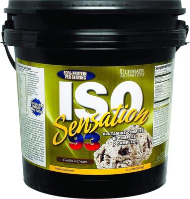 Ultimate Nutrition Iso Sensation 93 with Glutamine, Whey Protein Isolate Powder, 30 Grams of Protein, Low Carb Protein Shakes, Keto Friendly, 5 Pounds, Cookies N Cream Flavoured