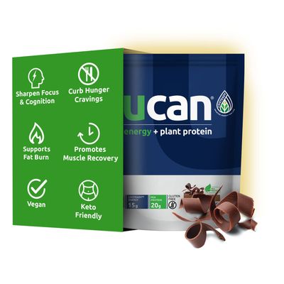 UCAN Energy + Plant Protein Powder - Vegan Plant Based Protein 20g Pea Protein with Amino Acids EAAs &amp; BCCAs - Keto Protein Powder - No Added Sugar, Gluten-Free - Chocolate -12 Servings
