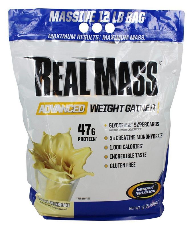 Gaspari Nutrition Real Mass, Advanced Weight Gainer, High Protein, Gycofuse Carbs, and Creatine Monohydrate, Modern Formulation for Mass (12 Pounds, Vanilla Milkshake)