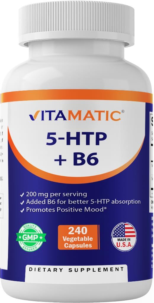 Vitamatic 5-HTP 200mg with B6 5mg Per Serving - 240 Vegetarian Capsules (5-Hydroxytryptophan) - (Griffonia Simplicifolia Seed Extract)