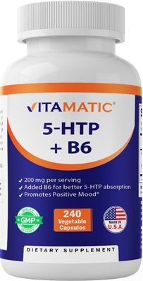 Vitamatic 5-HTP 200mg with B6 5mg Per Serving - 240 Vegetarian Capsules (5-Hydroxytryptophan) - (Griffonia Simplicifolia Seed Extract)
