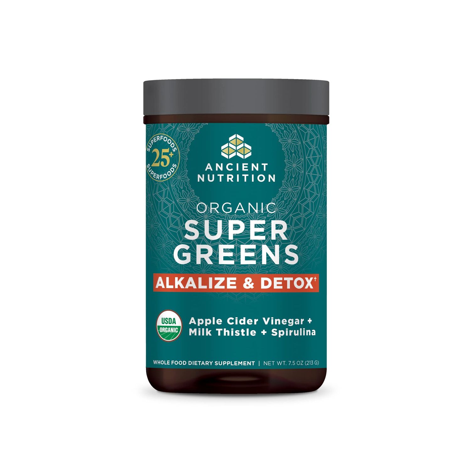 Supergreens Alkalize &amp; Detox Powder by Ancient Nutrition, Organic Superfood Powder Made from Real Fruits, Vegetables and Herbs, for Digestive and Energy Support, 25 Servings, 7.5oz
