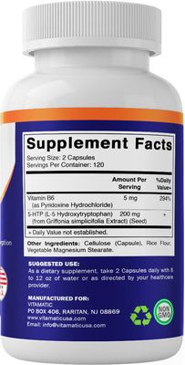 Vitamatic 5-HTP 200mg with B6 5mg Per Serving - 240 Vegetarian Capsules (5-Hydroxytryptophan) - (Griffonia Simplicifolia Seed Extract)