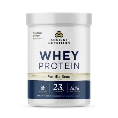 Ancient Nutrition Grass Fed Whey Protein, Vanilla Bean, 23g Protein, 20 Servings, Hydrolyzed Collagen Peptides, Organic Regenerative A2/A2 Milk Protein