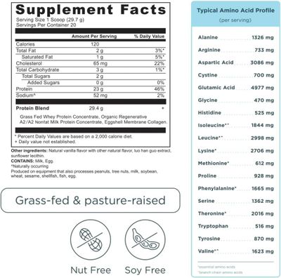 Ancient Nutrition Grass Fed Whey Protein, Vanilla Bean, 23g Protein, 20 Servings, Hydrolyzed Collagen Peptides, Organic Regenerative A2/A2 Milk Protein