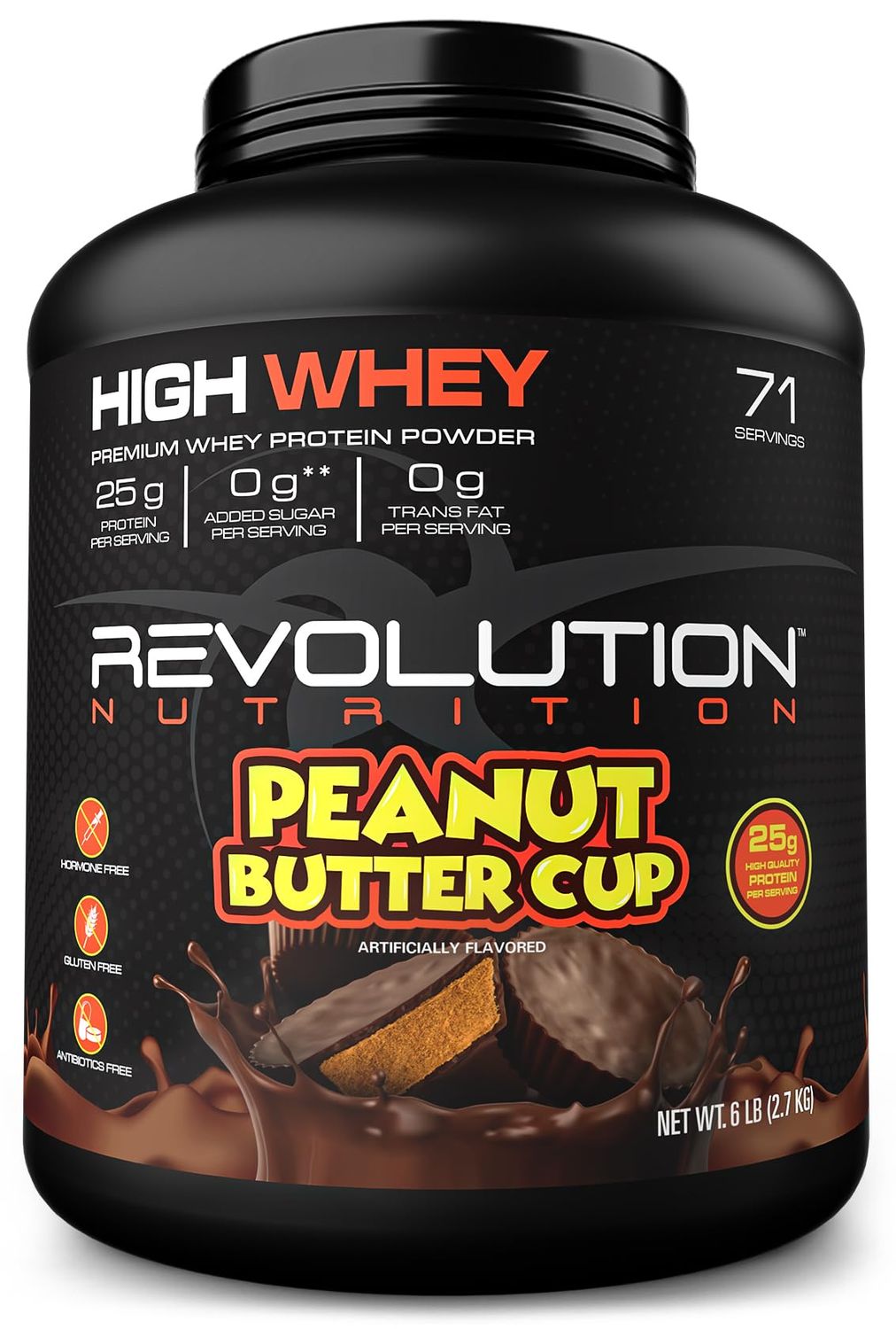 Revolution Nutrition, High Whey, Protein Powder, Whey Isolate, Gluten Free, Lean Muscle Mass for Men &amp; Women, 25g of Protein Per Scoop, 2.7kg, 73 Servings (Peanut Butter Cup, 6 Pound)