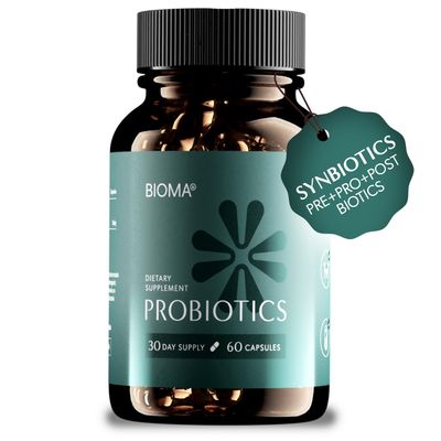 BIOMA Probiotics for Weight Management &amp; Digestive Health, 3 in 1 Gut Health Probiotics and Prebiotics/Postbiotics, Slow Release Synbiotic Probiotic Capsules for Gut Health Multi Enzyme (60 Caps)