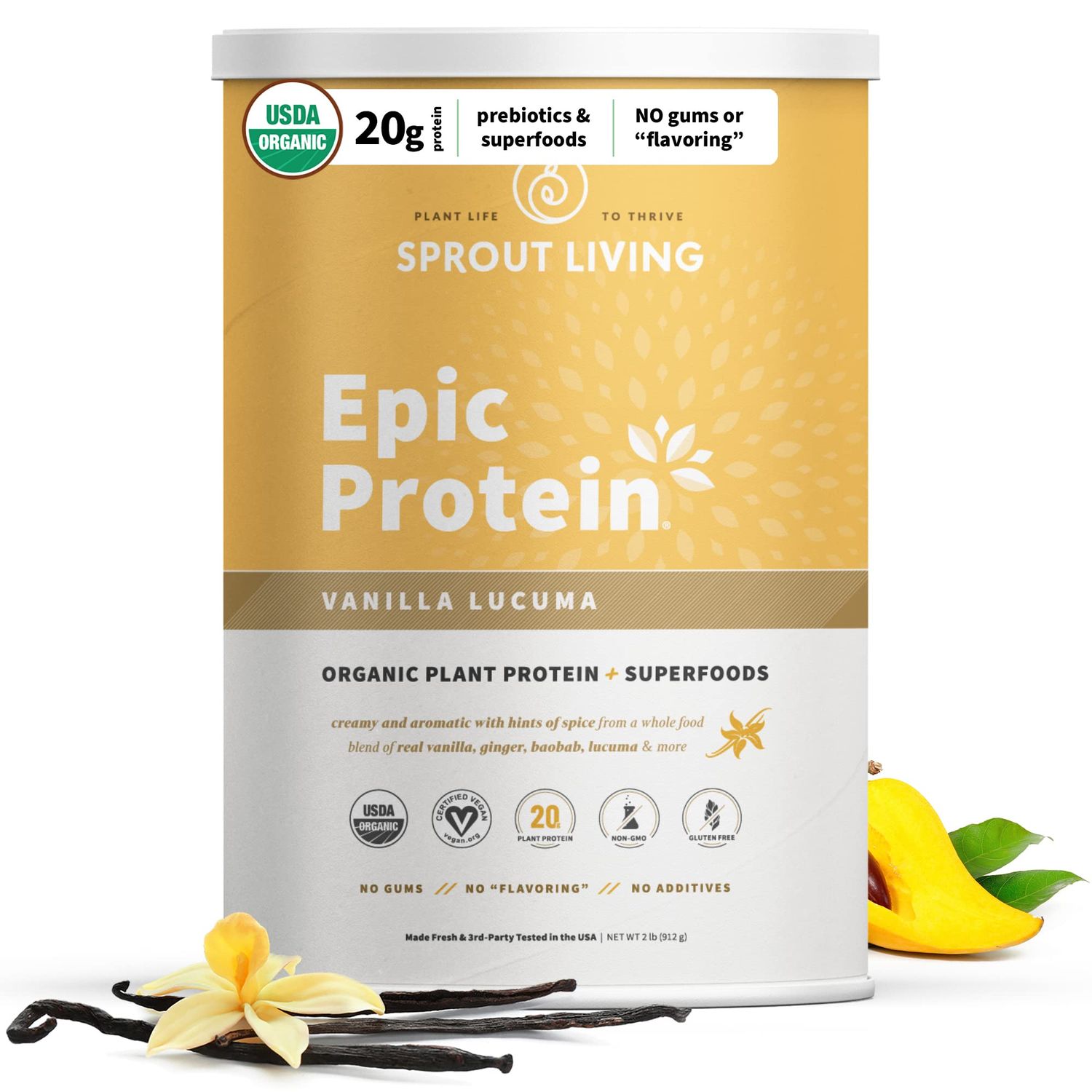 Sprout Living Epic Protein, Plant Based Protein &amp; Superfoods Powder, Vanilla Lucuma Powder | 20 Grams Organic Protein Powder, Vegan, Non Dairy, Non-GMO, Gluten Free, Low Sugar (2 Pound, 24 Servings)
