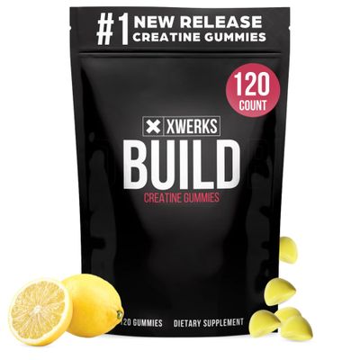 Xwerks Build Creatine Gummies for Men &amp; Women (120 Ct.) 100% Pure Creatine Monohydrate - Lemon Flavored Muscle Building Creatine Gummy (4g Creatine/Serving) Pre Workout Anti-Melting Gummies (5,000mg)