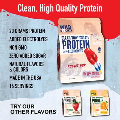 WILD SOCIETY - Premium Clear Whey Protein + Electrolytes - Refreshing Whey Protein Isolate Powder - 20g Protein, 0 Added Sugar, GMO-Free, Natural Flavors & Colors - Rocket Pop, 16 oz
