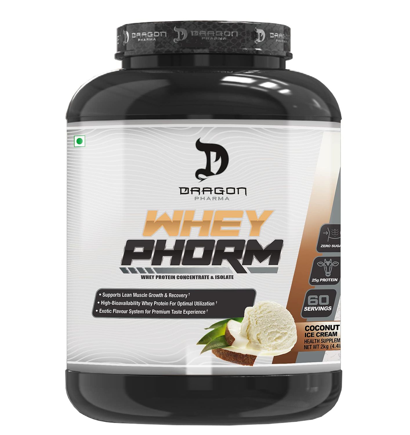 DRAGON PHARMA Whey Protein Blend, Fast Absorption, Gluten Free, 100% Whey Protein, WheyPhorm, Maximize Recovery, Great Tasting, 25 Grams of Protein (65 Servings, Coconut Ice Cream)