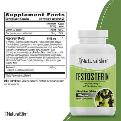 NaturalSlim Testosterin Mens Multivitamins Testosterone Booster - Testosterone Supplement with Vitamin B3, Zinc, Proprietary Blend &amp; Testofen for Muscle Support, Stamina &amp; Metabolism - 180 Capsules