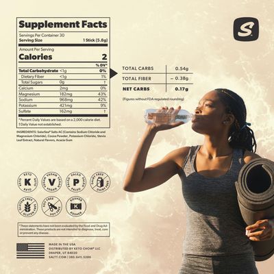 Keto Chow SALTT Electrolytes Powder Flavored Drink Mix - Cocoa Loco - 30 Hydration Packets - Magnesium, Potassium, Sodium, Trace Minerals - Zero Sugar & Gluten Free - Travel Essentials