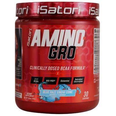 iSatori Amino-GRO BCAA Powder, Branched Chain Amino Acids with Glutamine, Electrolyte Powder &amp; Bio-GRO Bio-Active Peptides for Muscle Growth &amp; Post Workout Recovery, Blue Razz Snow Cone (30 Servings)