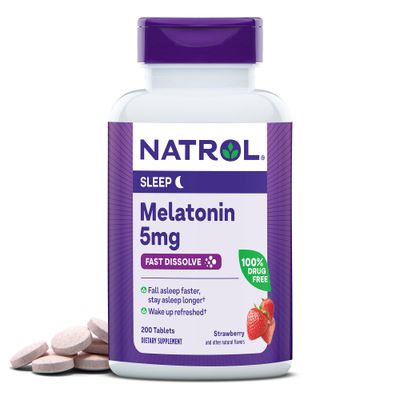 Natrol Fast Dissolve Melatonin 5 mg, Melatonin Supplements for Restful Sleep, Sleep Support for Adults, 200 Strawberry-Flavored Melatonin Tablets, Up to a 200 Day Supply