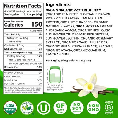 Orgain Organic Vegan Protein Powder, Vanilla Bean - 21g Plant Based Protein, 4g Prebiotic Fiber, No Lactose Ingredients, No Added Sugar, Non-GMO, For Shakes &amp; Smoothies, 1.02 lb (Packaging May Vary)