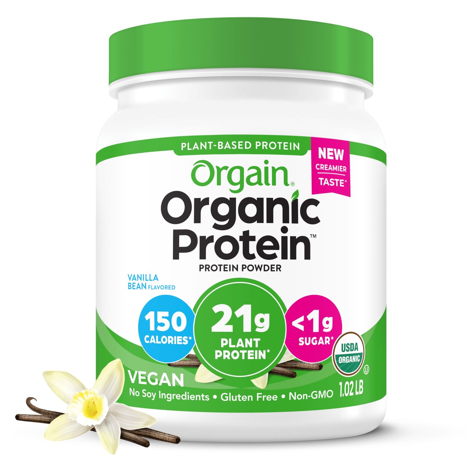 Orgain Organic Vegan Protein Powder, Vanilla Bean - 21g Plant Based Protein, 4g Prebiotic Fiber, No Lactose Ingredients, No Added Sugar, Non-GMO, For Shakes &amp; Smoothies, 1.02 lb (Packaging May Vary)