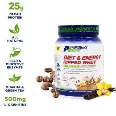 Performance Inspired Diet &amp; Energy Whey Protein - 25G of Clean Protein - Powerful Formula with Added 500mgs of L-Carnitine - Leucine - Digestive Enzymes - Choline - G-Free - 1g Sugar - Vanilla Latte