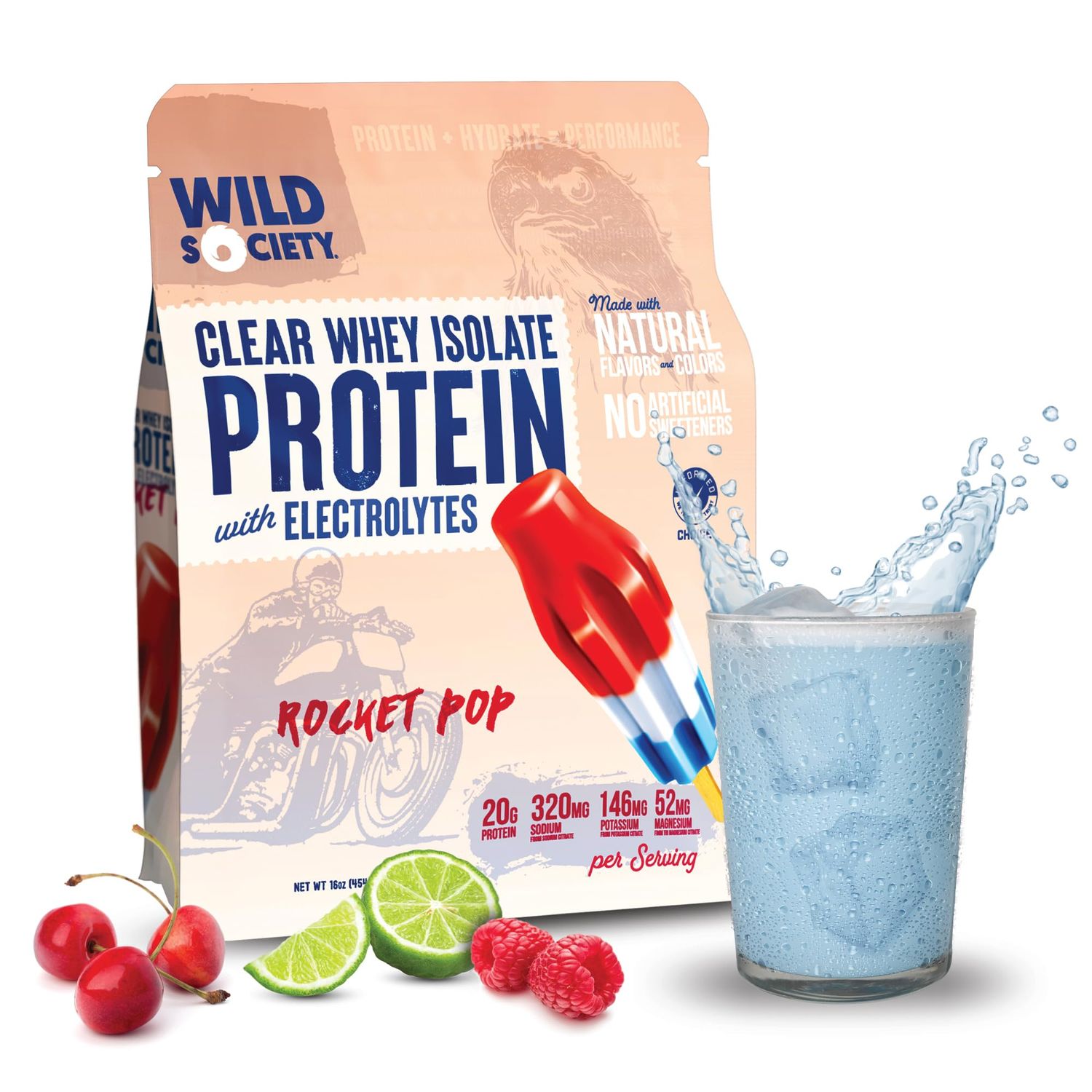 WILD SOCIETY - Premium Clear Whey Protein + Electrolytes - Refreshing Whey Protein Isolate Powder - 20g Protein, 0 Added Sugar, GMO-Free, Natural Flavors &amp; Colors - Rocket Pop, 16 oz