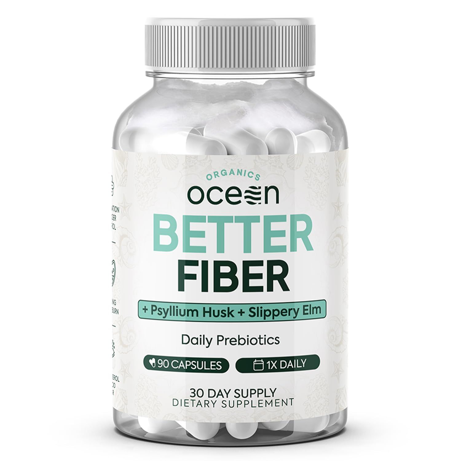 Organics Ocean Better Fiber - Daily Fiber Supplement - Soften Stool for Effortless Bowel Movements - with Psyllium Hulk and Slippery Elm - 90 Capsules